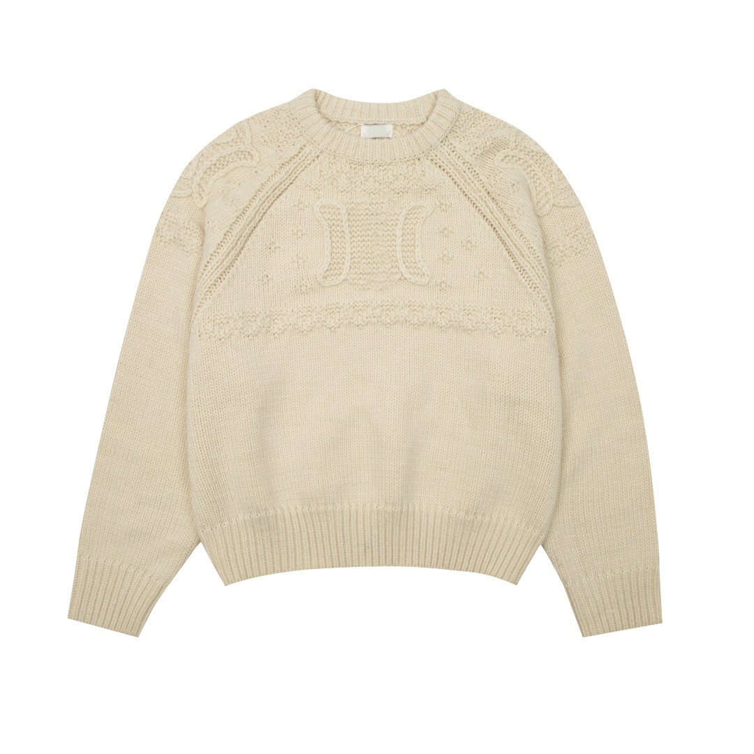 

2023 Women's Sweaters crew neck Knitted long sleeve Cream color jacquard logo, White