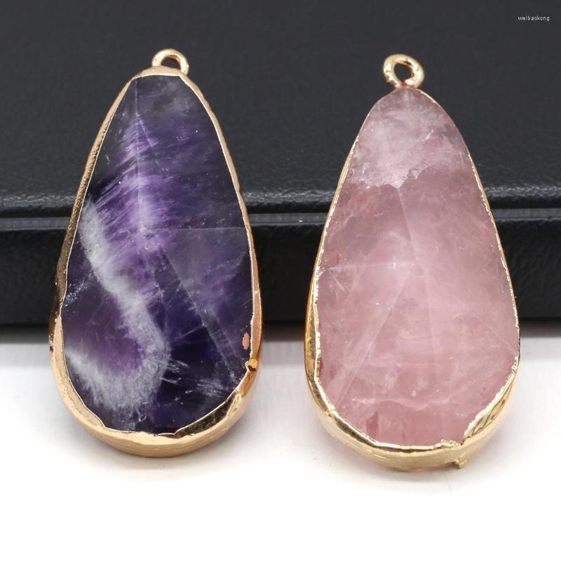 

Pendant Necklaces Rose Quartz Amethyst Natural Stone Long WaterDrop Craft Jewelry MakingDIY Charm Necklace Earring Accessories Gift20x45mm