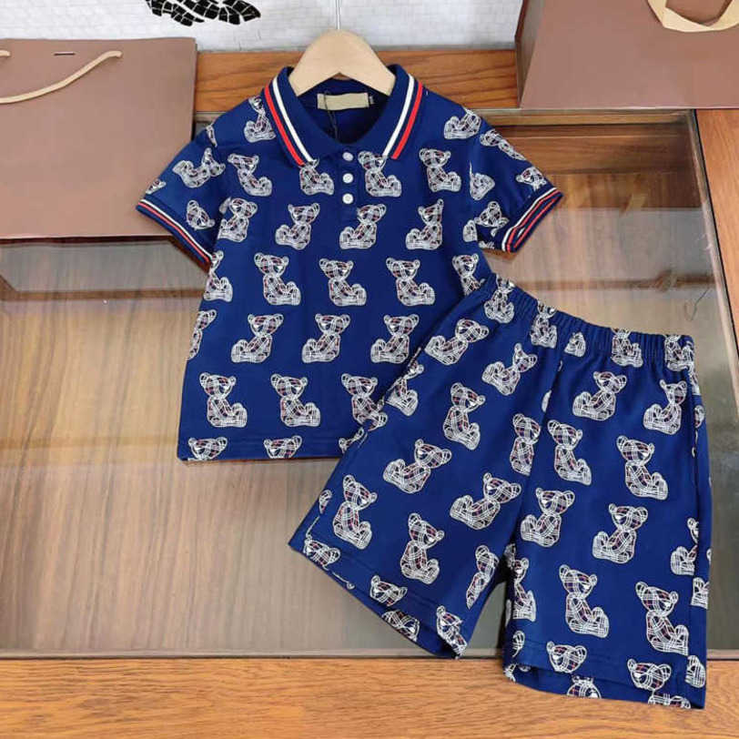 

23ss designer brand kids polo shirt shorts set boys Striped lapel bear printing short sleeves Shorts two-piece High quality kid clothing a1