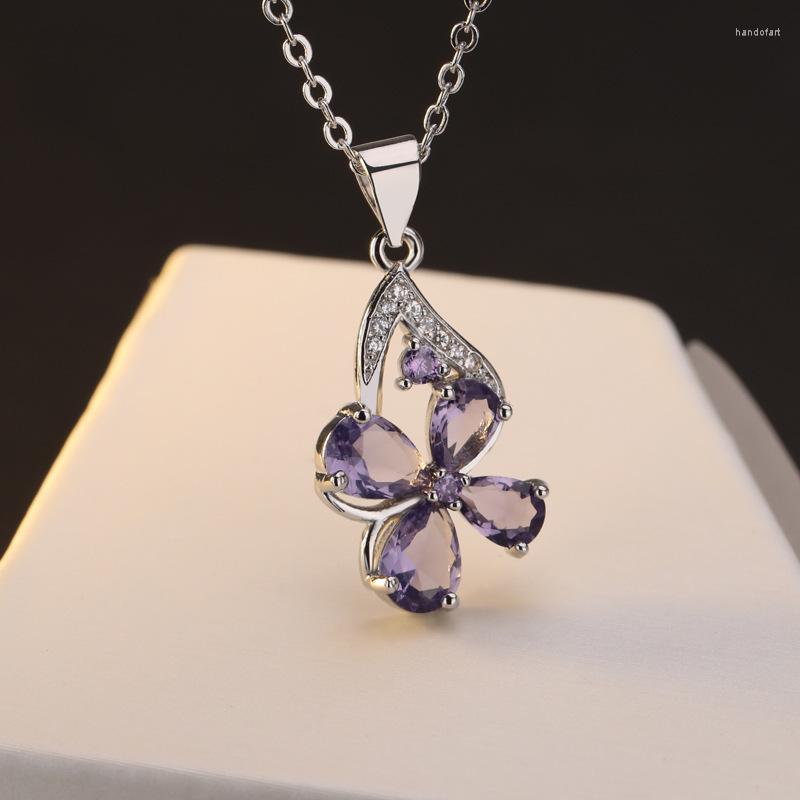 

Pendant Necklaces Lucky Clover Amethyst Diamond Necklace Korean Version Short Clavicle Chain Upscale Banquet Ladies Jewelry Exquisite Gift