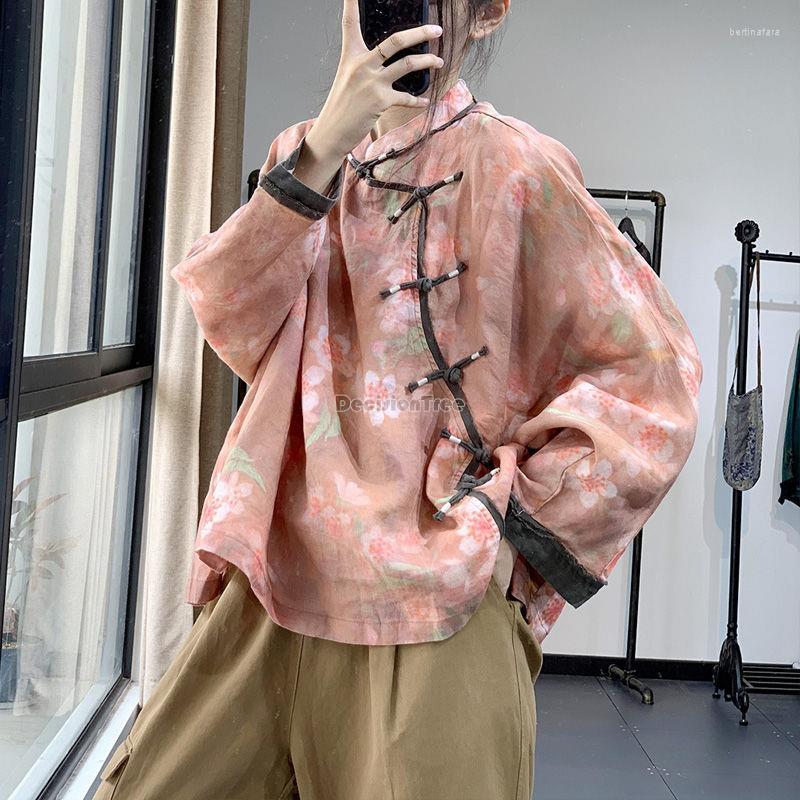 

Ethnic Clothing 2023 Autumn And Winter Retro Chinese National Style Printed Hanfu Dish Buckle Linen Loose Long Sleeve Women Casual Blouse