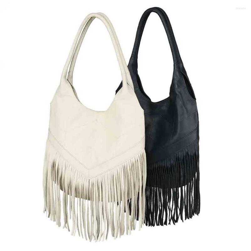 

Evening Bags Motingsome All Genuine Leather Bag Women Tassel Shoulder Handbag Hobo Retro Bohemia Style Casual Tote Luxury Purses 2023, Beige