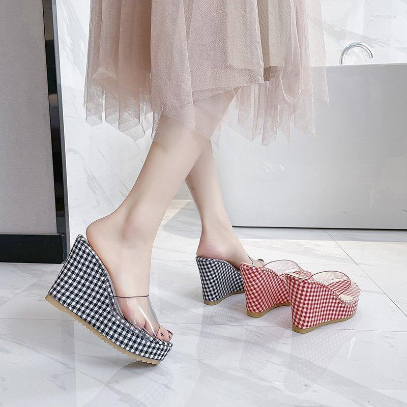 

Slippers 2023 Summer Style Slope Heel Thick-soled Plaid Fashion With Dew Address High-heeled Sandals Korean Edition Fashionable High-, Black