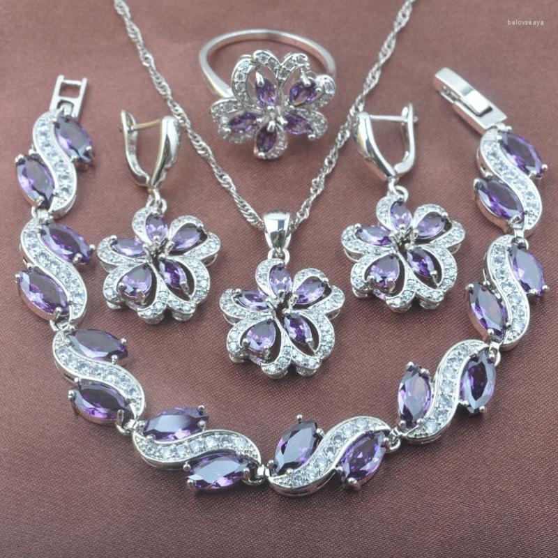 

Necklace Earrings Set Purple Crystal Women's Jewelry Silver Color Bracelet Pendant Ring With Cubic Zirconia 2023 YZ0533, Picture shown