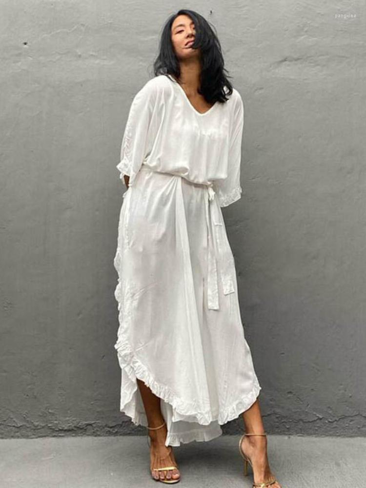 

Women's Swimwear White Beach Dresses Ruffle Kaftans For Women Maxi Swimsuit Cover Up V Neck Elegant Summer Bathing Suits Beachwear