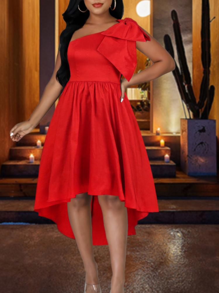 

Casual Dresses For Women 2023 Christmas One Shoulder Bow Party Event High Low Home Coming Bright Large Size Birthday CelebriteCasual, Red