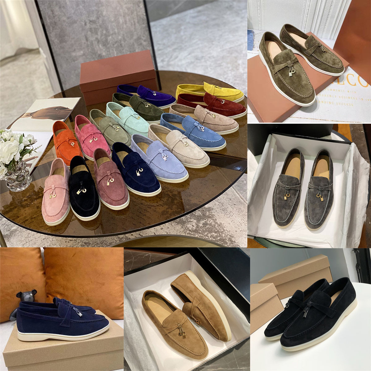 

2023 Brand Loro Designer Women's Flat Shoes LP Suede Gold Lock Tassel Fashion Comfortable Man Loafers Casual Women's Shoes, Army green