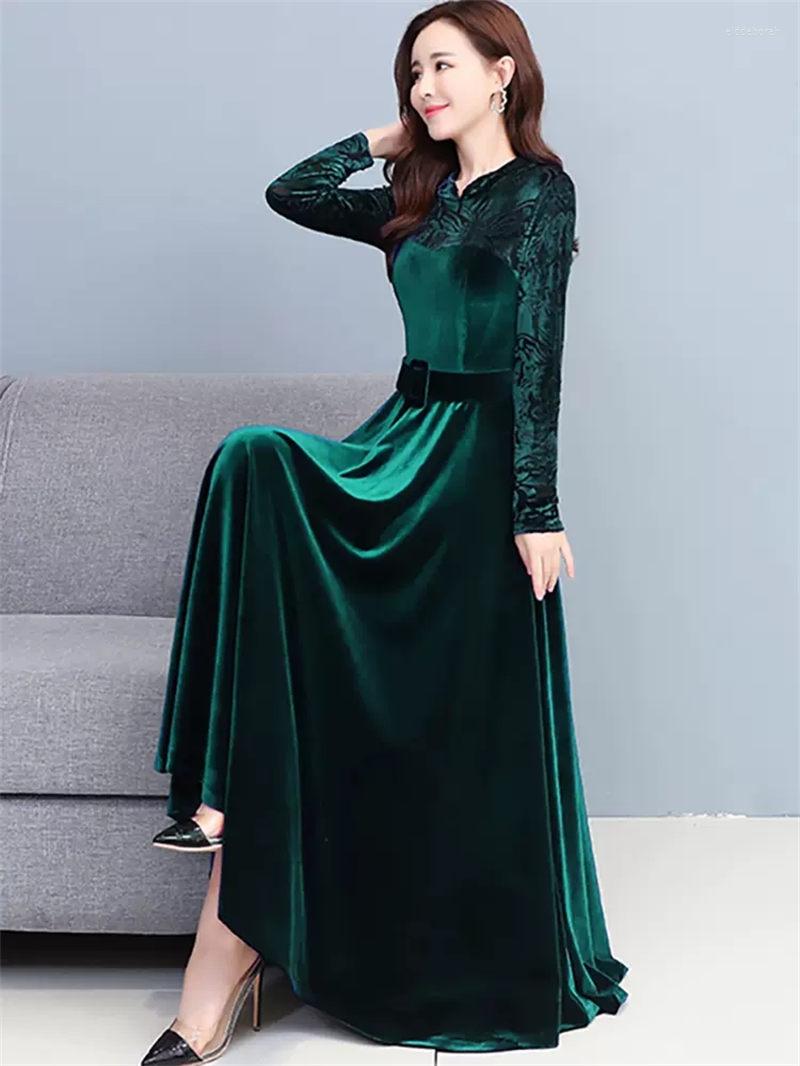

Casual Dresses Elegant Golden Velvet Dress For Women Spring Autumn Winter 2023 Long Sleeve High-End Fashion Bottomed Mid Length T1629, Black