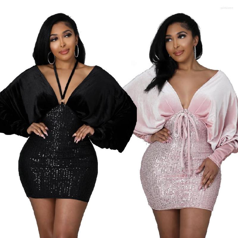 

Casual Dresses Private Socialite Slim Fit 2023 Fashion Type Hip Dress V-neck Pure Color Comfort Sequin Sexy, Black