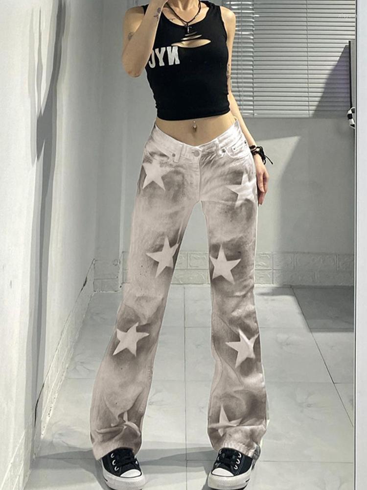 

Women's Jeans Straight Women Cargo Pants 2023 Fashion Low Waisted Trousers Spring Star Elements Streetwear Ink Splash Tie Dye Y2k, White