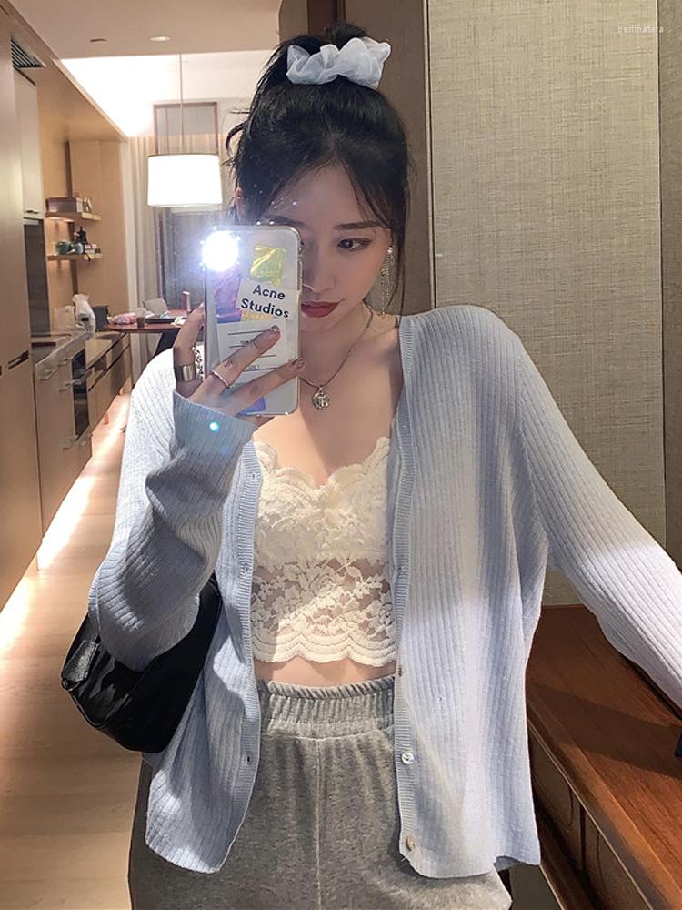 

Women' Knits Korean Style V-neck Knitted Sweaters Women Thin Cardigan Fashion Sleeve Sun Protection Crop Top Ropa Mujer, Sky blue