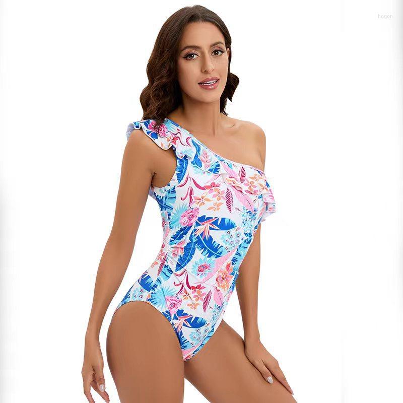 

Women' Swimwear Sexy Ruffle One Shoulder Swimsuit Women Floral Print Cut Out Monokini Stripe High Waist Bathing Suit Beach Wear Bather, Navy