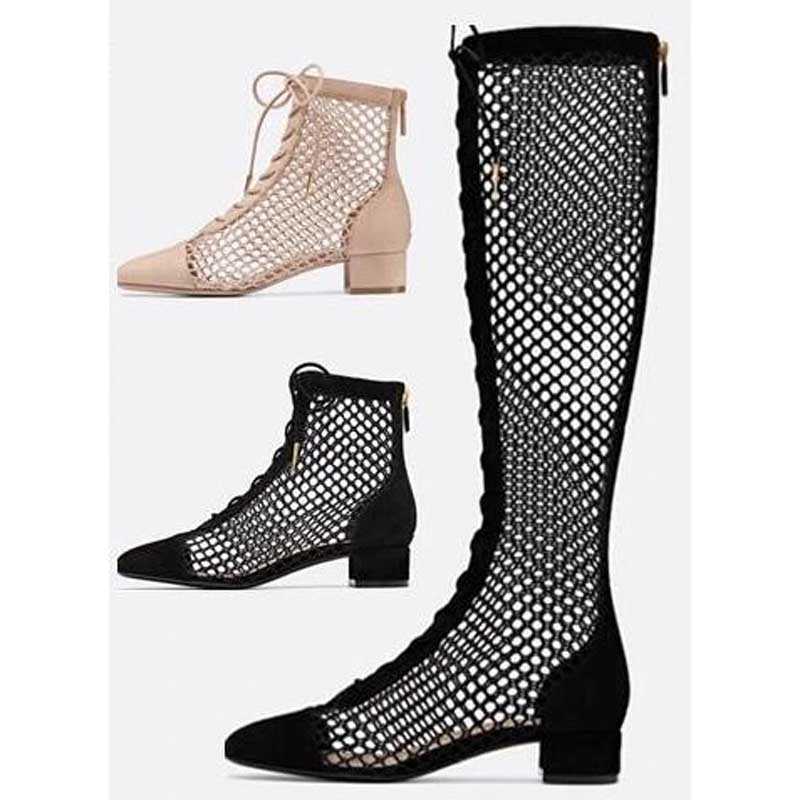 

Chic Mesh Patchwork Suede Crosstie Summer Knee Boots Chunky Heel Square Toe Woman Gladiator Fishnet Lace Up Hollow Out Botas 0316, Silver 3.5 cm heel