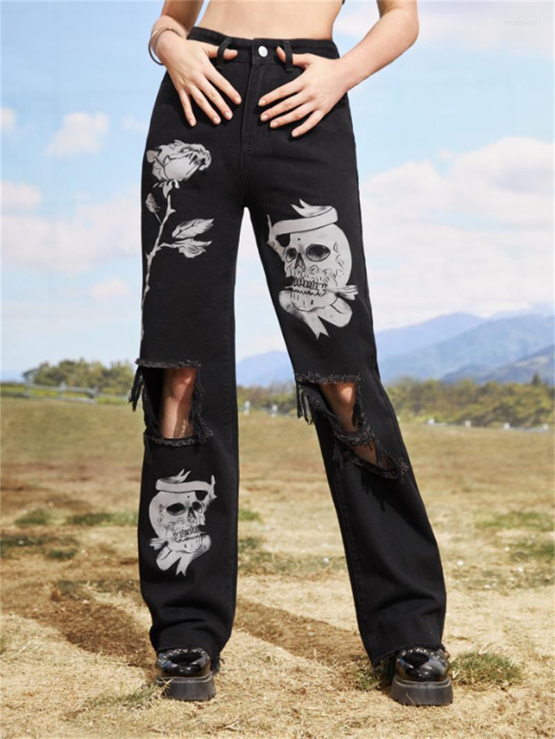 

Women's Jeans Women's 2023 Spring And Autumn Selling Street INS Same Style Skull Print Ripped Straight Foreign Trade, Black