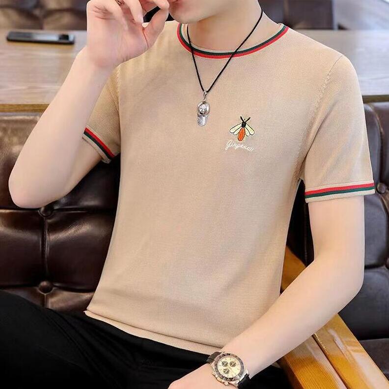 

Men's T Shirts Summer Luxury Knitted Short Sleeve Plus Size 4xl Handmade Beaded Bee Embroidery Casual T-Shirt, 06