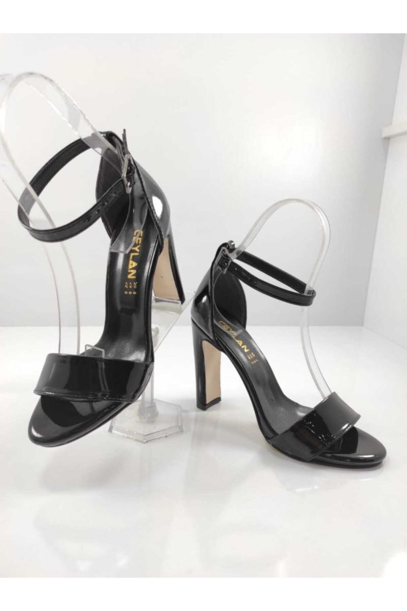 

Sandals Black Patent Leather Heels Single Band Wrist Gusset, Picture shown