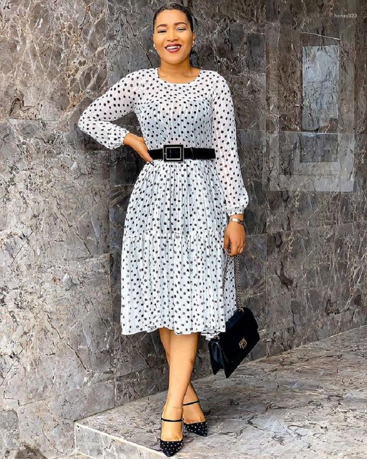 

Casual Dresses TSXT 2023 African Style Women Polka-Dot Chiffon Loose Dress Sexy Lady O-neck Long Sleeve Sashes Knee-length, Picture color