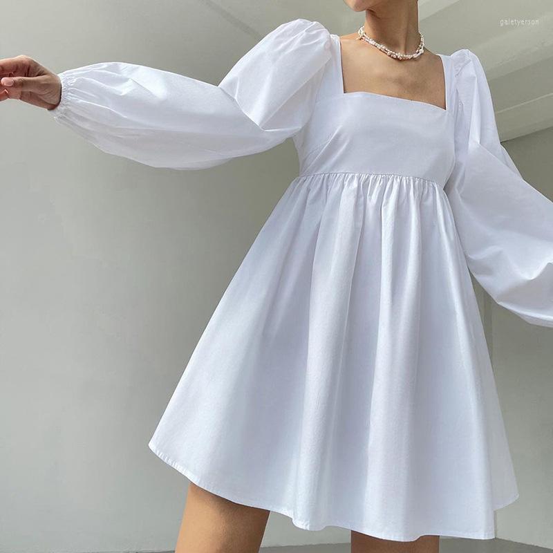 

Casual Dresses White Party Dress Women Lantern Sleeve Square Collar French Fit And Flare Back Bow Tie Sexy Hollow Out Female Clothing 2023