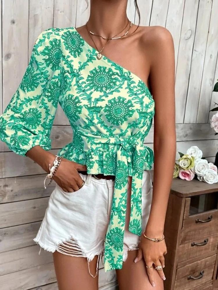 

Women' Blouses Women Pattern Print One Shoulder Blosues Sexy Skew Collar Waist Lace-up T-Shirt Top Fashion Casual Office Long Sleeve Blusas, Green