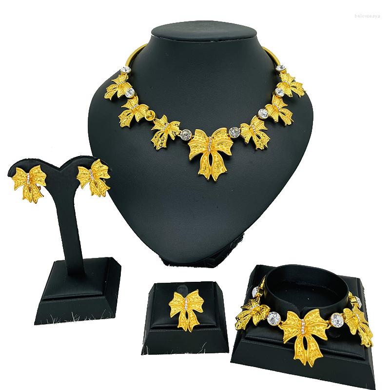 

Necklace Earrings Set Dubai Gold Color Bowknot Wedding Gifts Lady Party For Women African Bracelet Ring Bridal, Picture shown