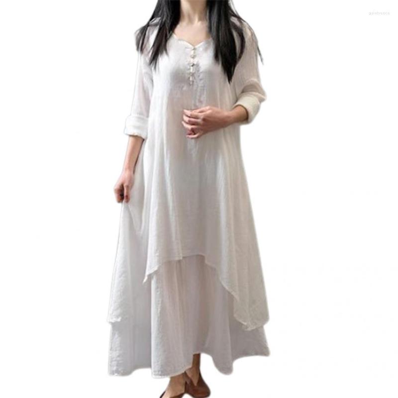 

Casual Dresses Lightweight Trendy V-Neck Solid Color Long Sleeve Retro Dress Large Hem Autumn For Home, White