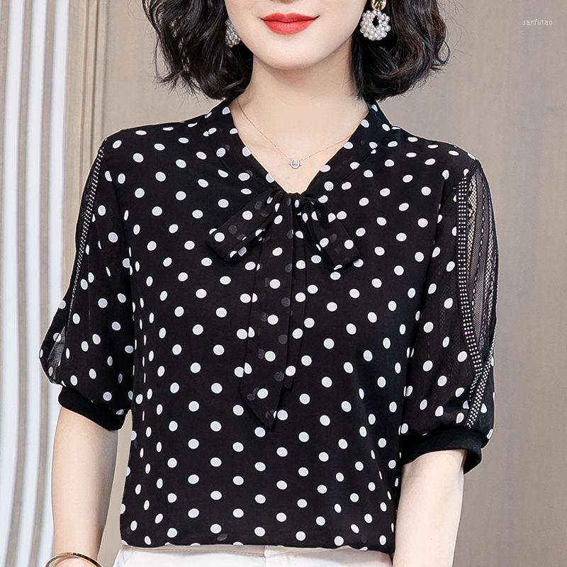 

Women's Blouses Women's Spring Summer Style Chiffon Shirt Short Sleeve V-neck Bow Polka Dot Casual Tops SP257, Black