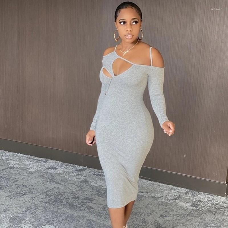 

Casual Dresses Autumn Hollow Out Sexy Dress Women Clubwear High Waist Bodycon Long Sleeve Midi Party Solid Grey For, Gray
