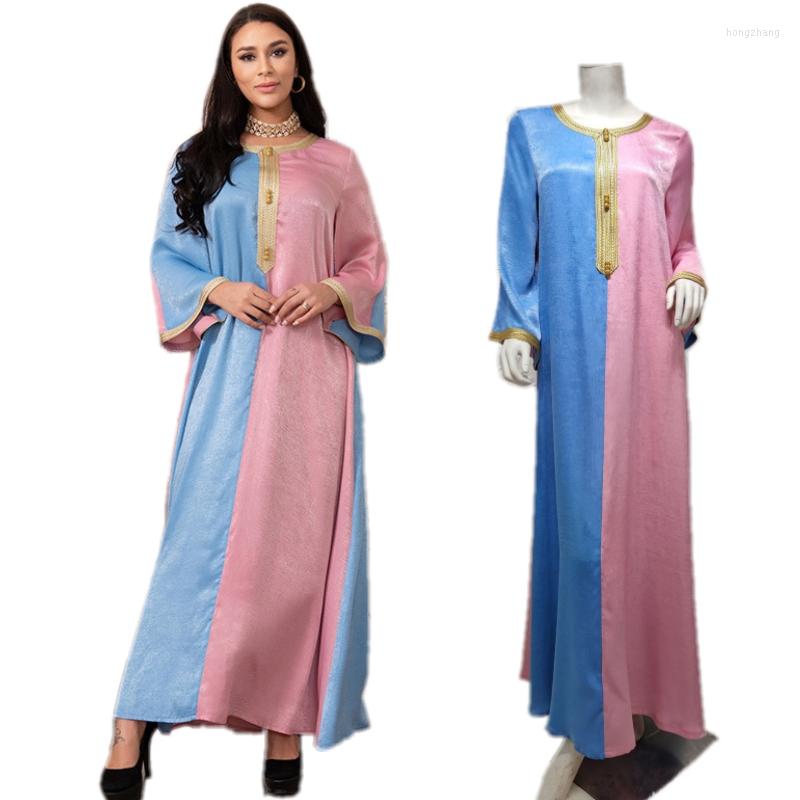 

Ethnic Clothing Pink Blue Stitching Fashion Women Long-Sleeved Hijab Dress Abaya Arab Loose Robe Turkish Dubai Gown Caftan African Female