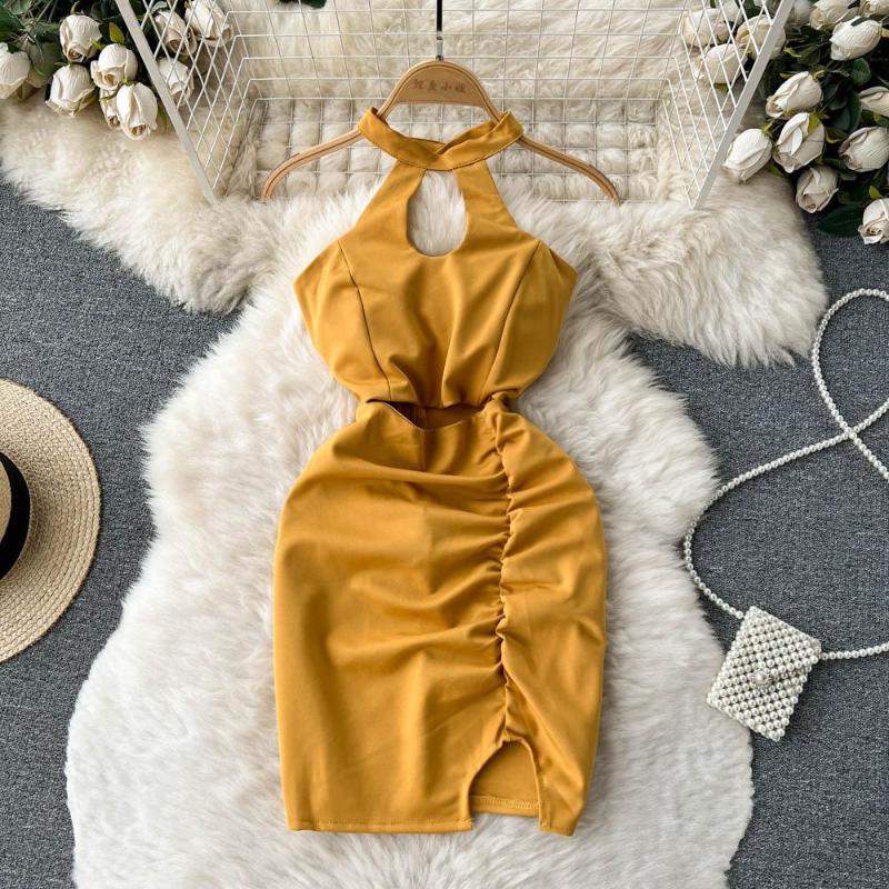 

Casual Dresses French Retro Sexy Sleeveless Hanging Neck High Waist Celebrity Pleated Open Dress, Black