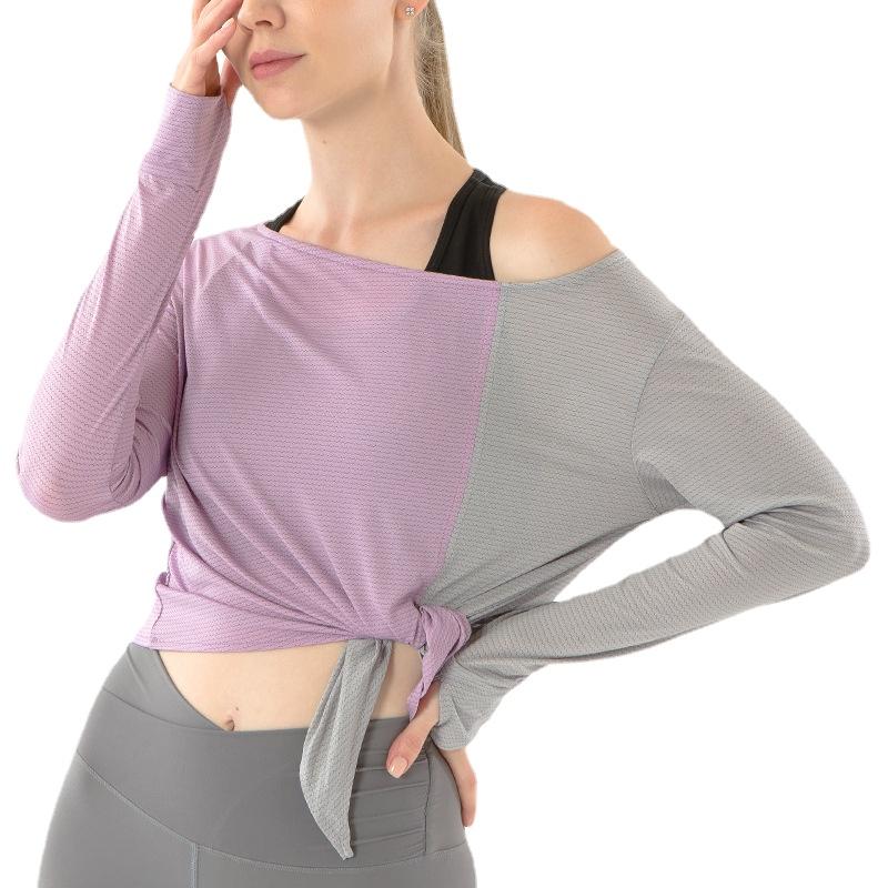 

Yoga Outfit UVRCOS Workout Clothes Long Sleeve Women' Thin Off-Shoulder Sports T-shirt Knotted Wear Overclothes, Green and gray