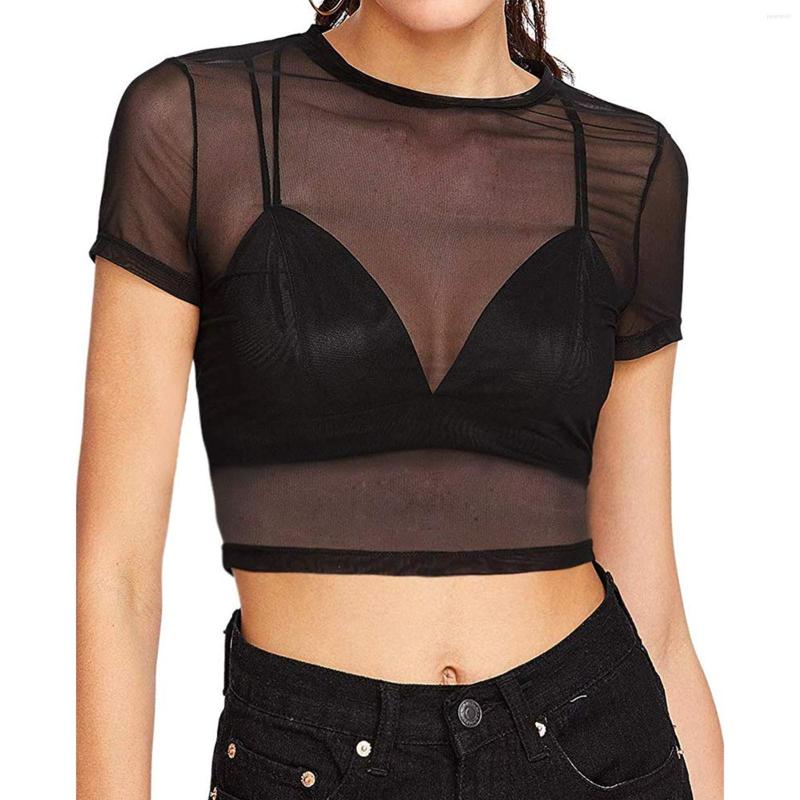 

Women's T Shirts Women's Sexy Shirt Black Clubwear Sheer Short Sleeve Top Ladies Pure Mesh See-through Tops Women Summer