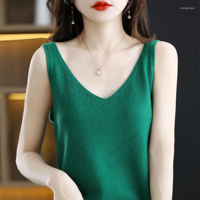 

Women's Tanks 2023 Pure Wool V-neck Ladies T-shirt Hollow Slim Sweater Cashmere Bottoming Inner Sling, Green