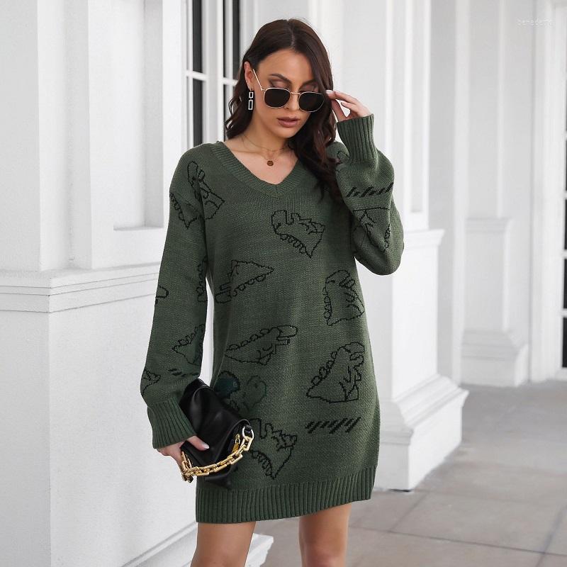 

Casual Dresses Women Spring Autumn Cartoon Jacquard V-Neck Shoulder Drop Long Sleeve Medium Length Loose Knitted Sweater Dress Lady Clothes