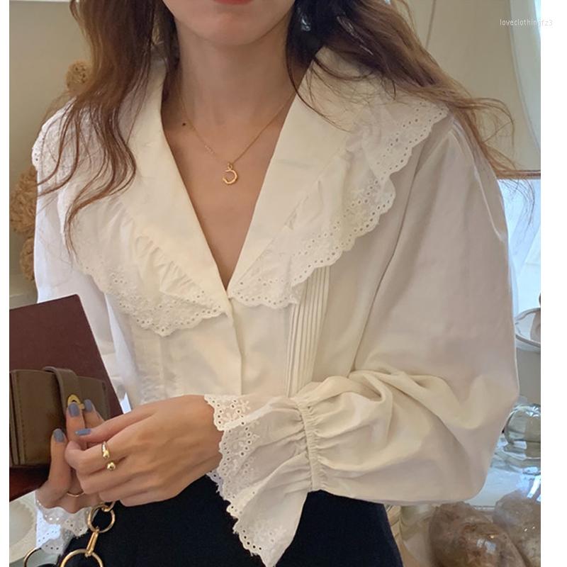 

Women's Blouses Fashion Korean Style Women V-Neck Sweet Shirt Elegant Autunm White Doll Blouse Spring Blusas Flare Sleeve Lady Vintage Top