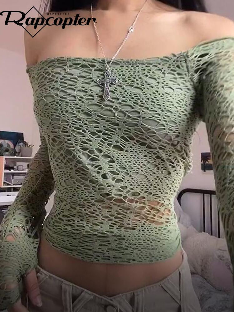 

Women' T-Shirt Rapcopter y2k Net Holes Crop Top See Through Slash Neck T Shirt Women Retro Harajuku Tee Grunge Korean Fashion Pullovers Chic 230316, Green