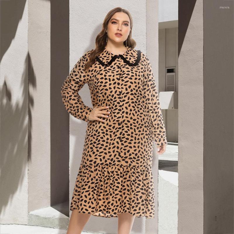 

Casual Dresses Ladies Spring And Autumn Large Profile Sweet Doll Collar Loose Leopard Print Dress Street Fashion Korean 5XL