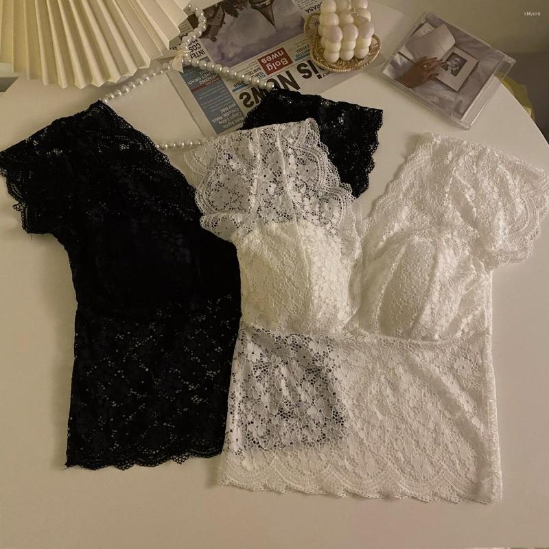 

Women's T Shirts 2023 Summer Sexy Women's Short Sleeve Lace Padded Perspective T-shirt Tops V-neck Tees, White