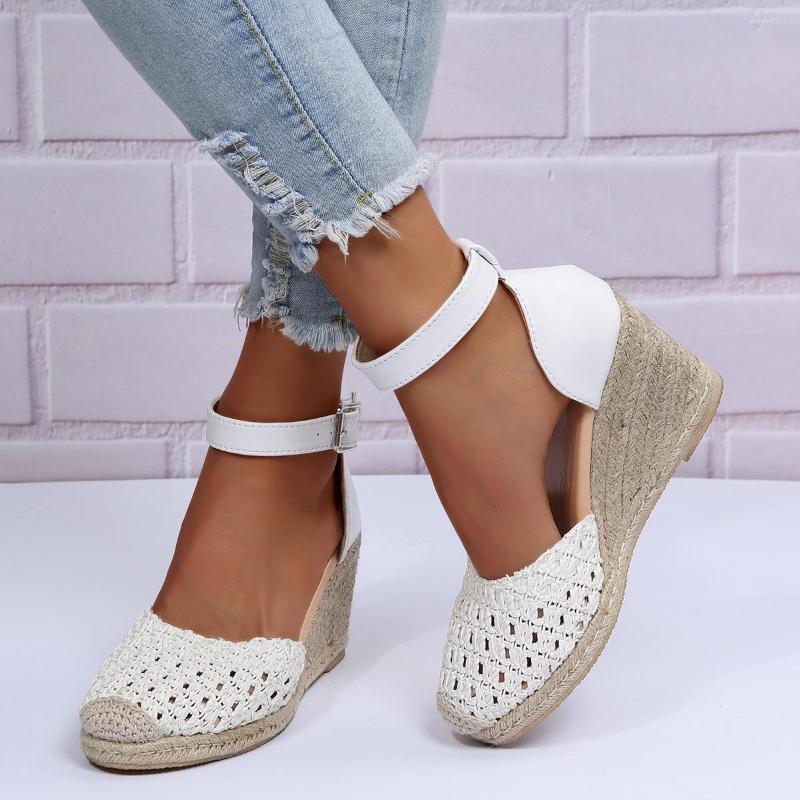 

Sandals Handmade Wedge Woman Summer 2023 Rome Plus Size Round Head Belt Buckle Leisure Beach Vacation Shoes, Black