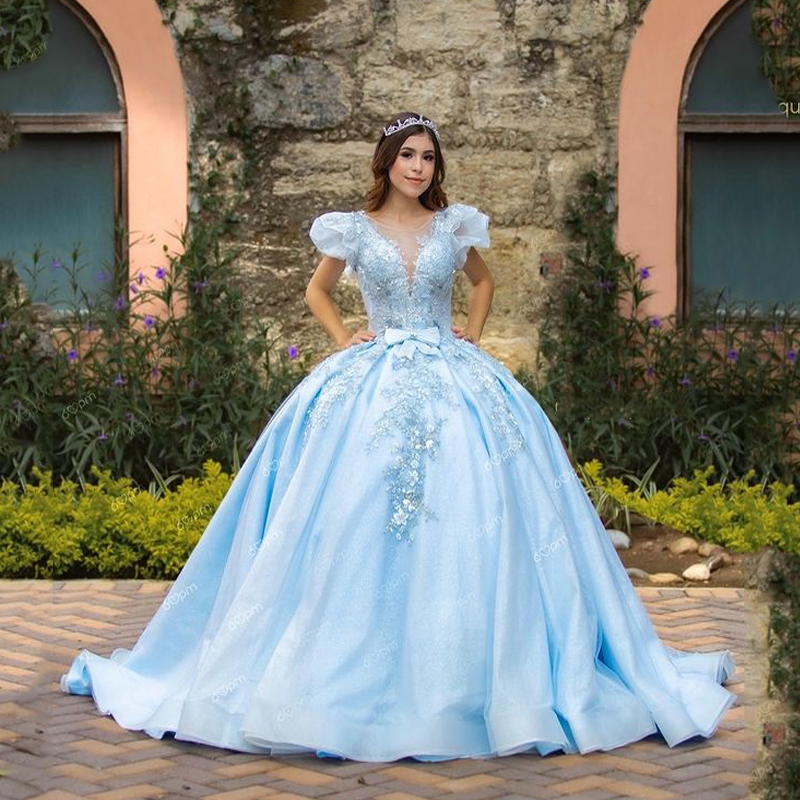 

Sky Blue O-Neck Ball Gown Quinceanera Dress For Girls Appliques Birthday Party Gowns Prom Dresse Vestido De 15 Anos Robe De, Silver