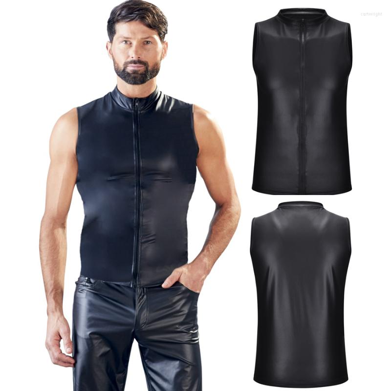 

Men's Tank Tops Sexy Men Faux Leather Fitness Zipper Up Latex Undershirts Slip Hombre Underwear Lingerie Erotic Gay Clubwear, Black