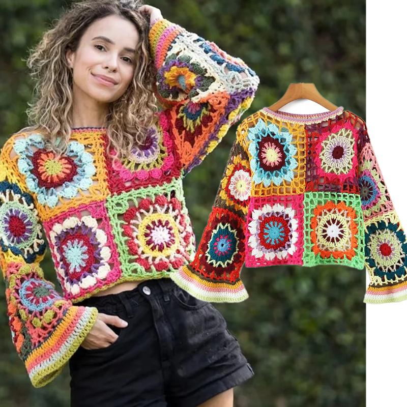 

Women's Knits & Tees Elmsk 2023 Indie Folk Sexy O-neck Short Sweaters Women Pullovers Bohemian Style Retro Floral Handmade Flare Sleeve Knit, Colorfur
