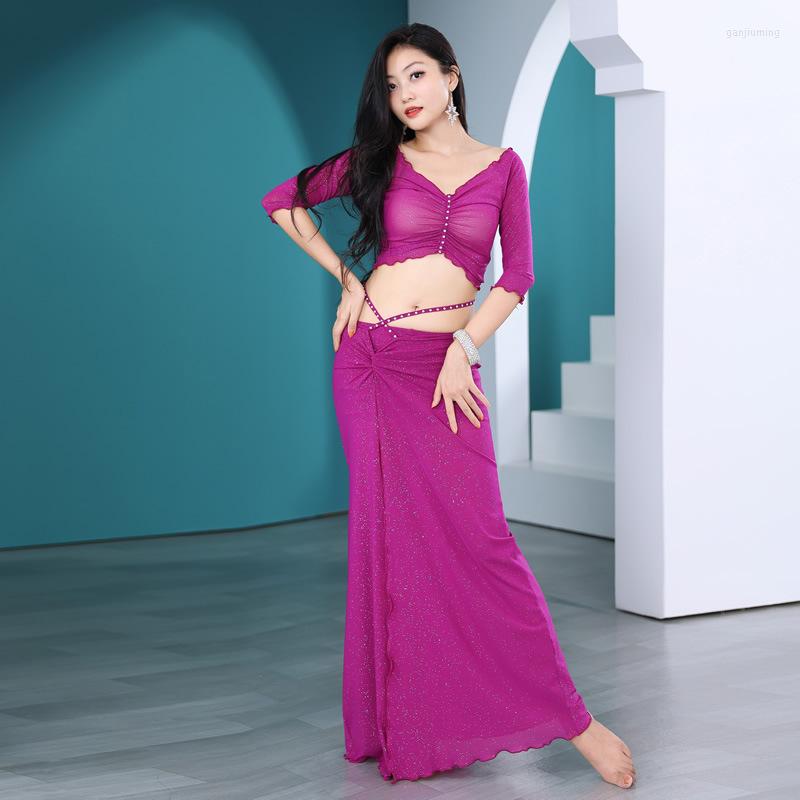 

Stage Wear Belly Dance Practice Clothes Female Suit Autumn Oriental Beginner Sexy Long Skirt With Leggings, Blue