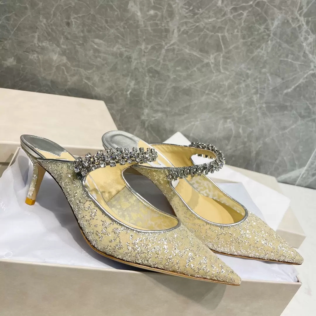 

Elegant Luxury Gladiator woman Slippers Shoes Sandals mesh leather Bing Crystal embellished mules Strap Crystal Women High Heels Lady Party Dress