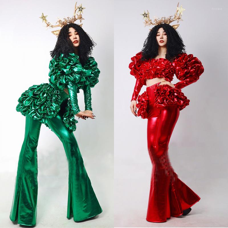 

Stage Wear Gogo Dancer Costumes Green Red PU Top Flare Pants Women Pole Dance Clothing Nightclub DJ Party Festival Outfit XS5906