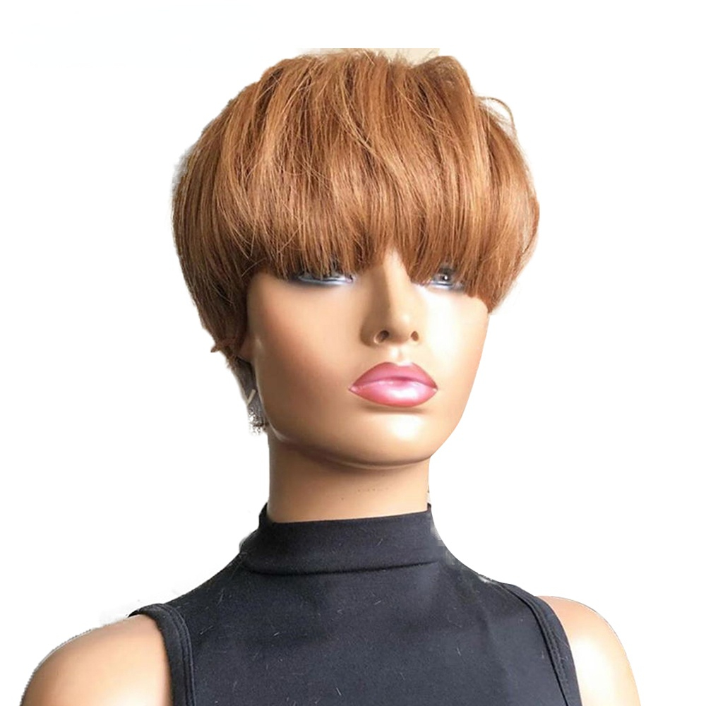

Honey Blonde Color Short Bob Pixie Cut Wig With Bangs Straight Remy Brazilian Human Hair Full Lace Front Wigs For Black Women, Customize