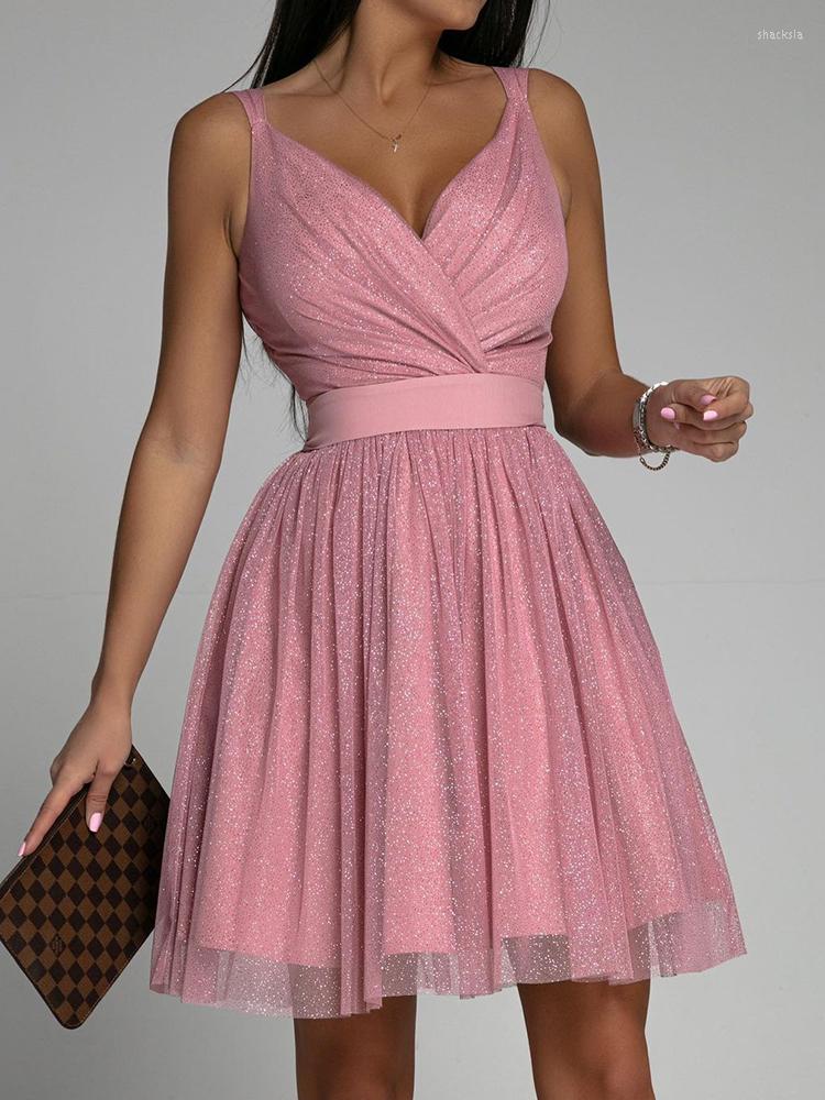 

Casual Dresses Sexy Sling Strap Off Shoulder V-Neck Party Mini Dress Lady Fashion Solid Color Sequin Mesh Waist Tie Women Elegant, 01 pink