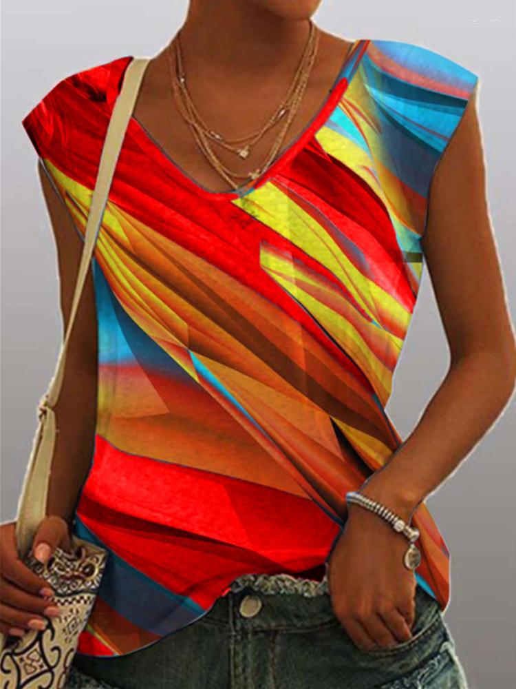 

Women' T Shirts Summer Vintage Vest Women Rainbow Print T-Shirt V-Neck Casual Tank Top Streewear Oversize Fashion Pullover Shirt Design, Blue