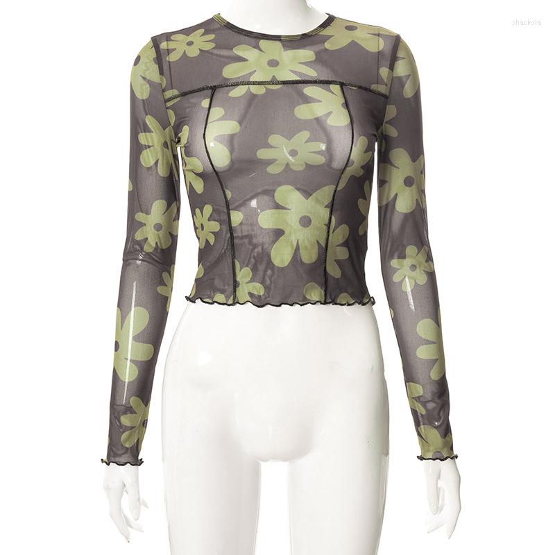 

Women' T Shirts Women Mesh See Through Crop Tops Long Sleeve Flower Print Sexy T-Shirts Transparent E Girl Club Party Y2k Cothes, Black