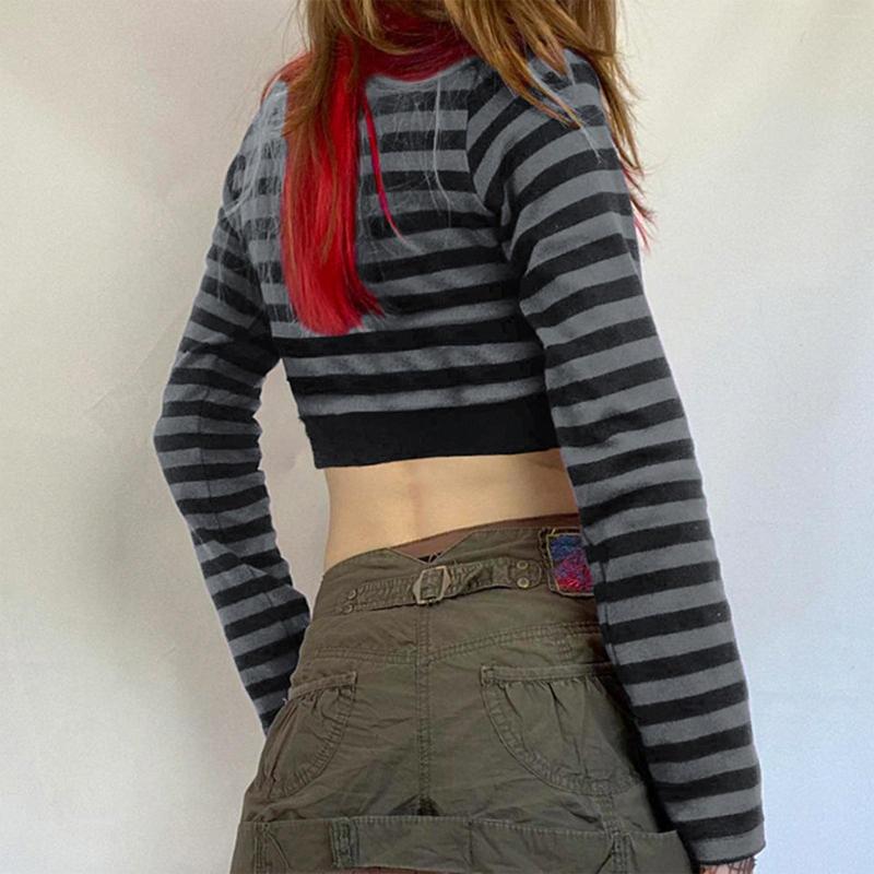 

Women' T Shirts Autumn Winter Long Sleeves Tshirts Streetwear Crop Top U-neck Striped Buttons Fashion Soft Slim Fit Sexy For Shopping Party, Grey