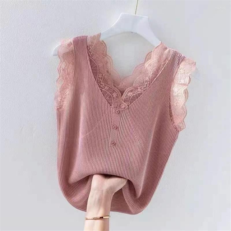 

Camisoles & Tanks 2023 Fashion Women Ice Silk Knitted Lace Vest Solid V-neck Tank Summer Outfits Lady Short Paragraph Bottomings W1905, Lavender